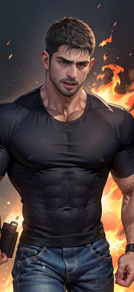 (Create a masterpiece: 1.2),(CGI art:1.3),(realistic:1.5),(After processing:1.3),(Sharp focus:1.3),1 man , straight, front ,Chris Redfield , (round neck T-shirt:1.2) ,Wear color navy round neck T-shirt with a police badge: 1.4), Navy blue jeans, Korean guy , korean men, (High gloss details), chest muscles, large arm muscles, blood vessel, Big muscles, Broad shoulders, looking at the audience, Balancing the eyes, middle of the road ,dark black gloomy hallway in the background, detailed face, shadow, volumetric lighting ,(open mouth:1.6) ,(Fire blazes behind), (run to camara)