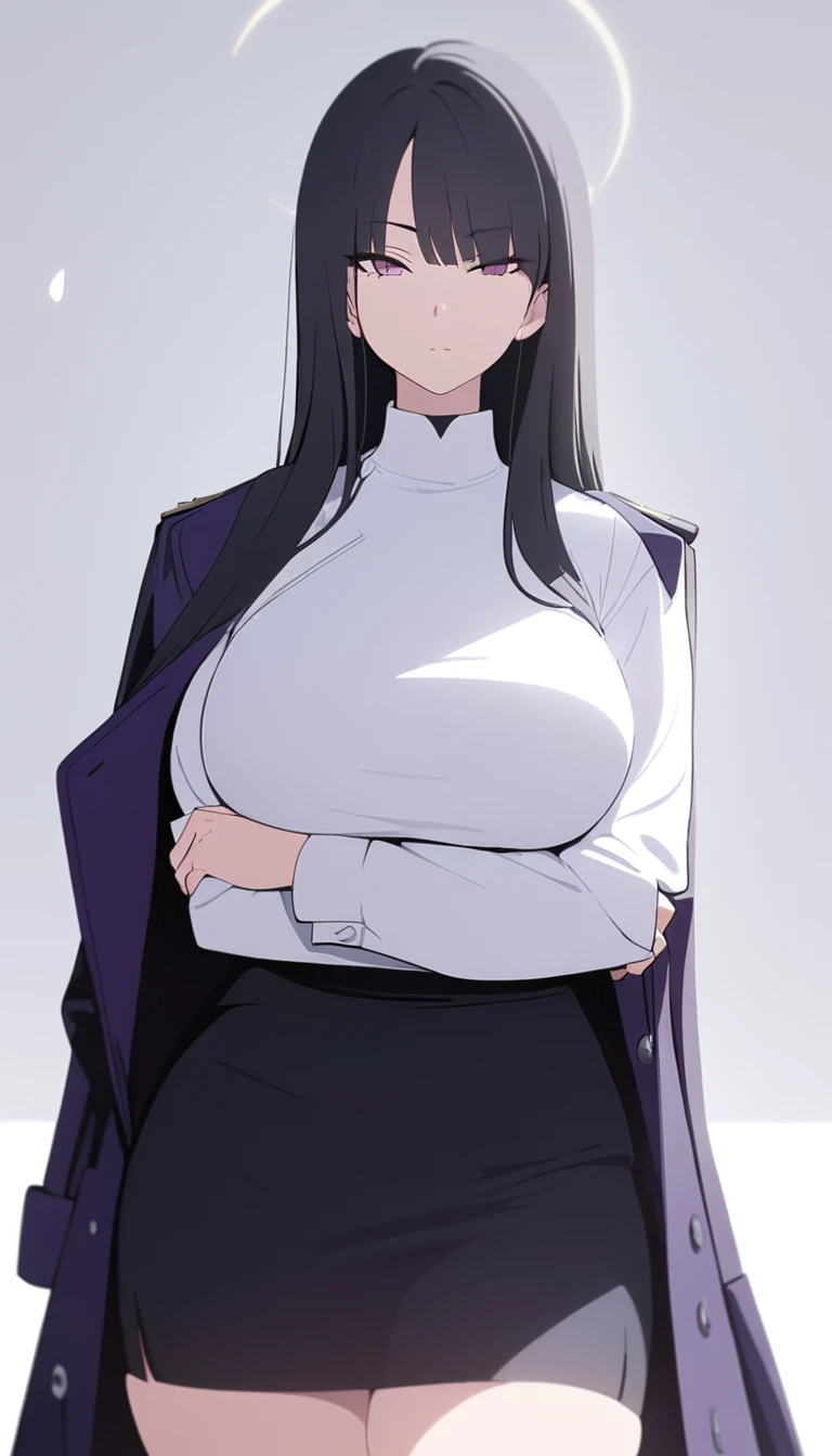 (masterpiece, high quality, best quality, highres,) One Woman, young, tall, Well-built, curvy, Thick thighs, Black Hair, Long Hair, Violet Eyes, One eye is hidden by bangs, expressionless, White blouse, Black Pencil Skirt, coat, White background, standing, cowboy shot, from the front