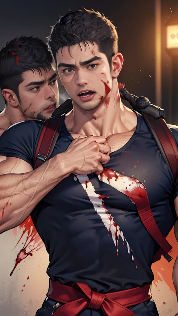 (Create a masterpiece: 1.2),(CGI art:1.3),(realistic:1.5),(After processing:1.3),(Sharp focus:1.3), (man Fight, join in battle:1.5 ), straight, front ,Chris Redfield ,(black hair), smile open mouth, (Wear color navy round neck T-shirt: 1.5), (with a Police badge: 1.2), navy cargo , (blood splatters) ,( abrasions on face: 1.5), (Blood stains on the face and body: 1.4), Korean guy , korean men, (High gloss details), chest muscles, large arm muscles, blood vessel, Big muscles, Broad shoulders, looking at the audience, Balancing the eyes, middle of the road , (black backpack: 1.3)  ,(open mouth:1.6) 