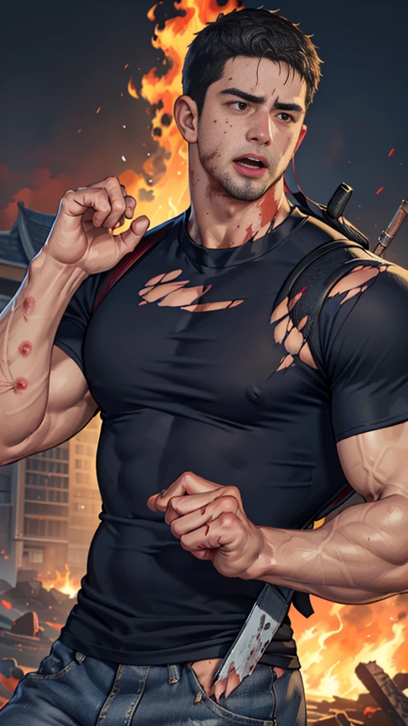 (Create a masterpiece: 1.2),(CGI art:1.3),(realistic:1.5),(After processing:1.3),(Sharp focus:1.3), (man Fight, join in battle:1.5 ), straight, front ,Chris Redfield ,(black hair), smile open mouth, (Wear color navy round neck T-shirt: 1.5), (with a Police badge: 1.2), navy cargo, (Torn shirt:1.6), (wound: 1.3) , (blood splatters) ,( abrasions on face: 1.5), (Blood stains on the face and body: 1.4), Korean guy , korean men, (High gloss details), chest muscles, large arm muscles, blood vessel, Big muscles, Broad shoulders, looking at the audience, Balancing the eyes, middle of the road , (black backpack: 1.3) ,(Fire blazes behind) ,(open mouth:1.6)
