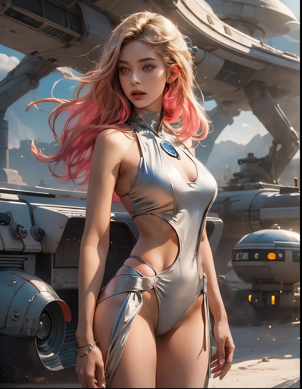 ((portrait, 1 woman, wearing an ultra thin translucent sexy g string bikini)), ((silver, beige, brown, orange red)), ((ultra perfect flowing cyberpunk pink hairstyle)), (hips up), (((huge natural breasts with cleavage with beautiful hips))), ((perfect radiant skin color)), (((cinematic day time and natural sunlight))), ((detailed spaceship background and incredibly sci-fi retro art masterpiece)), ((spaceships)), (ultra photorealistic realism), (((clothes: Smooth curves, clean lines, streamlined, functional aesthetics, reflective surfaces, integrated lighting))), extraterrestrials, ((starwars)), (vintage space guns), coloured oval glass, ((desert city background))
