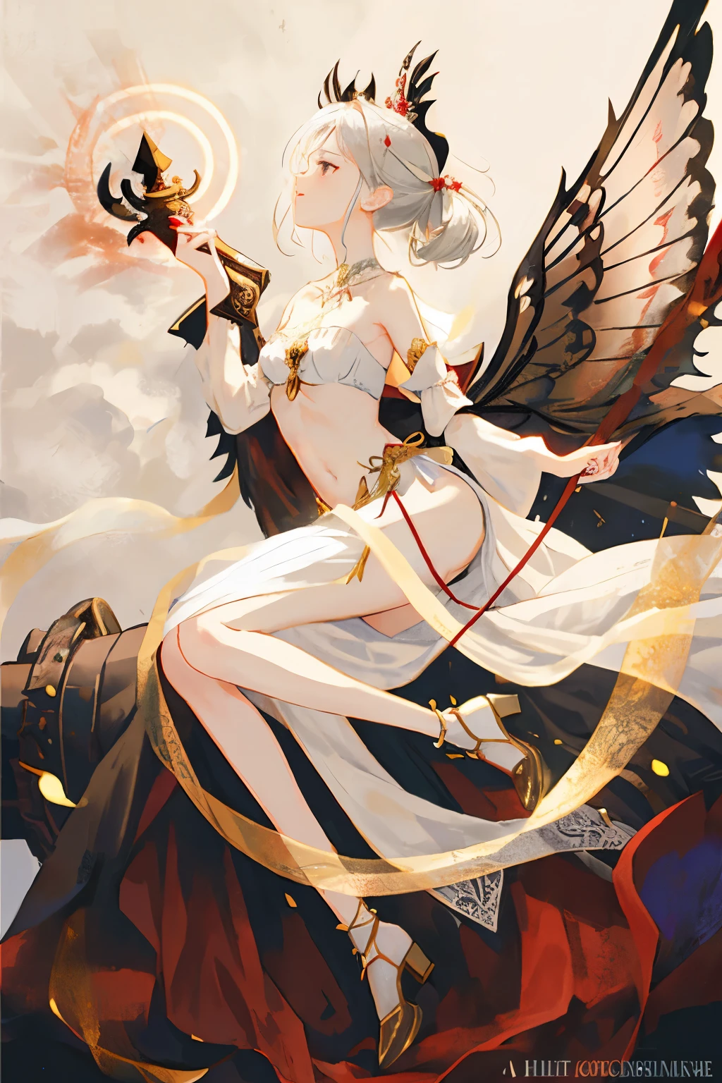 ((best quality)), ((masterpiece)), (detailed), 1girl, Character design, female, dynamic poses, long white grey hair, grey white eyes, very skinny, detailed, best quality, no accesoires around the neck, no shoes, prominent collarbones, skinny arms, flat stomach, visible hip bones, full body, blank white background, plain background, white background, red and white clothing, Bloodborne inspired, occult aesthetic, occult, detailed and intricate steampunk and detailed gothic, NSFW, Very dramatic and cinematic lighting, cosmic horror, grim-dark, side-lighting, perfect face, NSFW, Fluttering lace flared long knee length dress with frilly petticoats, knee length dress, pleated petticoats, petticoats gothic, complex lace boots, side-lighting, gothic aesthetic, wielding a mighty sword with mechanical components, mandalas, small breasts, a fairy, various different types of insect wings, NSFW, full body, whole body, body, plain background, white background, blank background, no background, white background NSFW, chains, full body, whole body, head-to-toe NSFW