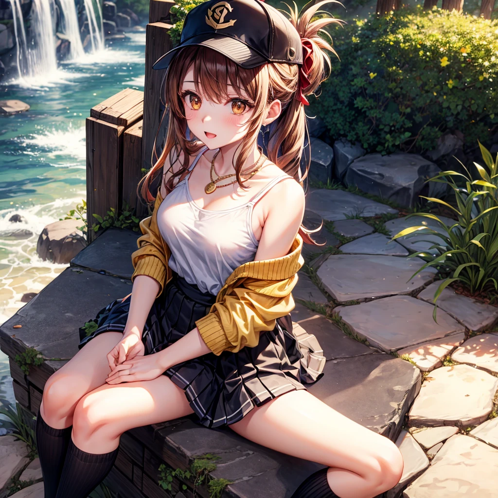 Red, brown, gold, gold hair、Golden Eyes、Hair tied up、One good looking girl、solo、anime、Checkered mini skirt、Ruffles on the skirt、camisole、camisole、Lightweight cardigan、Black knee-high socks、Wearing a baseball cap、Ribbon、Ribbon on waist、Teeth are visible、Sunset sky、Cumulonimbus、Silver coin necklace、shine、From above、Sparks are flying、tunnel、Cobblestones、Sitting on the stairs、waterfall