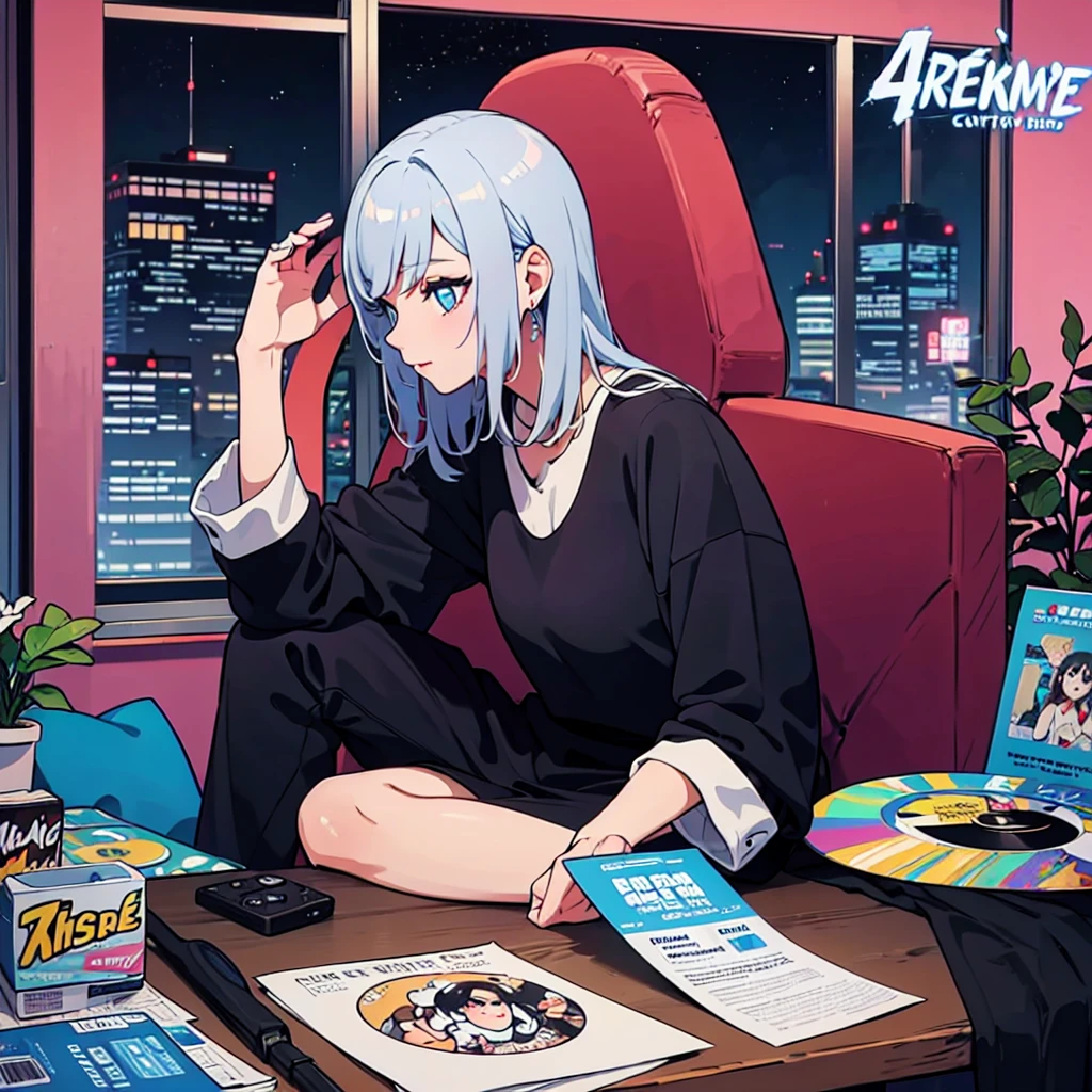 (masterpiece), Highest quality, Expressive eyes, Neon pastel aesthetics, Retro 90s, Neon color,((Girl sitting on sofa,In a cozy room,Records hanging on her wall, Comic books on the floor, Looking out the window behind her at the night city, Upholstered room, Anime figures lined up on a shelf)), Wearing headphones, (All around her it sparkles), (wearing thick colorful sneakers), (blue eyes), (Soft look), (Synthwave Art Style), Colorful Hair, Desk with PC set up