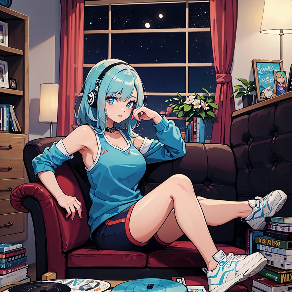 (masterpiece), Highest quality, Expressive eyes, Neon pastel aesthetics, Retro 90s, Neon color,((Girl sitting on sofa,In a cozy room,Records hanging on her wall, Comic books on the floor, Looking out the window behind her at the night city, Upholstered room, Anime figures lined up on a shelf)), Wearing headphones, (All around her it sparkles), (wearing thick colorful sneakers), (blue eyes), (Soft look), (Synthwave Art Style), Colorful Hair, Desk with PC set up