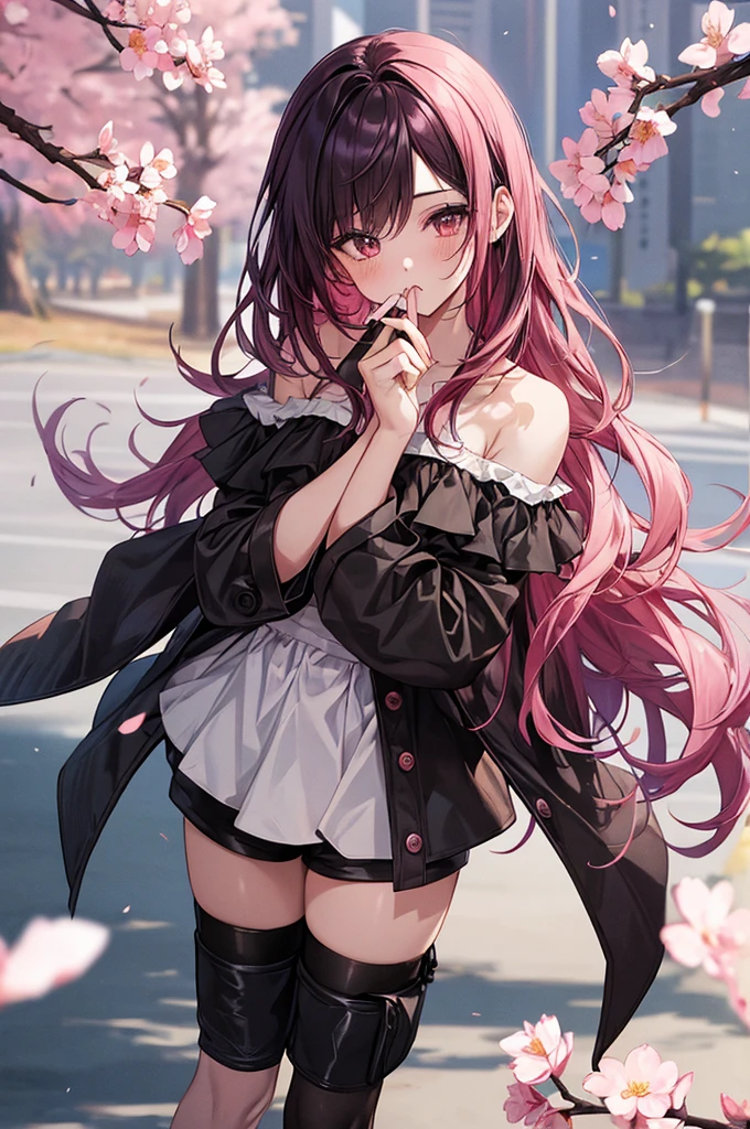 1girl, holding up a flower over her mouth, black pink hair ombre, park with cherry blossom background, black outfit, short pants, standing, hair flow, off shoulder
