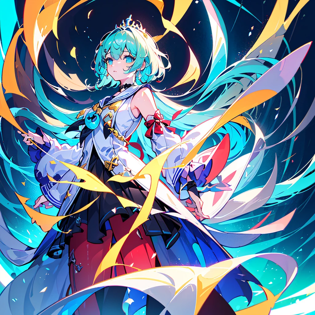 1girl、The best dynamic composition、(((最high quality、最高masterpiece、Super detailed、Official Art、The best dynamic composition)))、Anime Style、Dynamic pose、Dynamic composition、whole body,masterpiece, 最high quality, high quality, Very detailed CG uniform 8k wallpaper, Exposing shoulders,, Black tiara, clavicle, arm written depth, High resolution, bloom, chromatic aberration, realism, Very detailed, Art Station Complex, High detail, dramatic、Huge⚓、anchor、In a white sailor suit、Light blue line、Sailor、Gray hair and light blue gradient hair color、Sparkling、The glow of the sea is reflected、Disorganized、Fantasy、Fantasy、