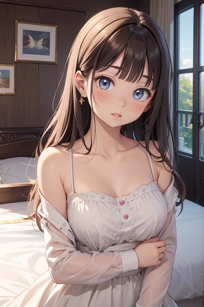 masterpiece, best quality, highres, perfect pixel, depth of field, 1girl, single, 独奏, beautiful anime girl, beautiful artstyle, (beautiful eyes), (detailed face), (blush), anime CG style, good lighting, perfect body, lips parted, glossy lips, 
Princess、Palace Bedroom、Golden Princess Dresses、捕らわれたPrincess