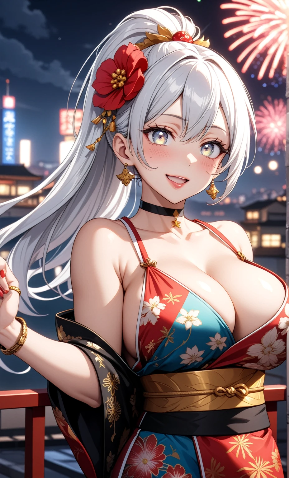 ((One personの女性)), Beautiful Face,Laughing embarrassedly,((Wink:1.5)),Laugh with your mouth wide open((Bright red cheeks:1.4)),Shiny red lips,night,rooftop,Festive decorations,You can see the ocean, firework,Laughing with your mouth open,Glossy pink lips,Lighting on the face,((Anime style background)),masterpiece, Highest quality, so beautiful,Latest, Complex details, (Pink long nails),(ring),(bracelet),(choker),AI-generated, Complex,High resolution, Highest quality, super high quality,3D Images、View your viewers、3D Images,One person,Long white hair,High Ponytail,(blue eyes),Anime woman posing for a photo, ((Fine grain、Silvery white colorful eyes、Shining Eyes:1.4)),(Squint your eyes:1.1),a hyperRealistic , hyperRealistic , Realistic,Anime woman with long and white hair, Smooth anime CG art, A woman in a colorful kimono with gold embroidery, (Black long sleeve kimono),Red floral pattern,Long flower hair ornament,Big earrings,Mature Body,(Big Breasts:1.1),Tall,Abdominal muscles,Narrow waist,(Zoom in on face:1.7),Shooting from below at an angle