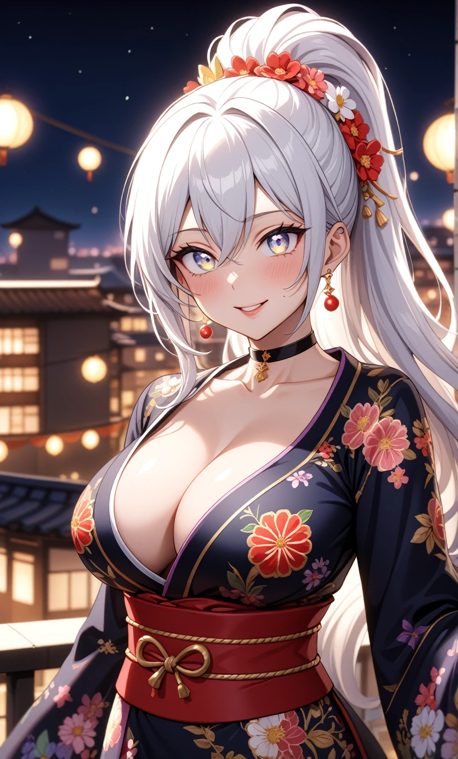 ((One personの女性)), Beautiful Face,Laughing embarrassedly,((Wink:1.5)),Laugh with your mouth wide open((Bright red cheeks:1.4)),Shiny red lips,night,rooftop,Festive decorations,You can see the ocean, firework,Laughing with your mouth open,Glossy pink lips,Lighting on the face,((Anime style background)),masterpiece, Highest quality, so beautiful,Latest, Complex details, (Pink long nails),(ring),(bracelet),(choker),AI-generated, Complex,High resolution, Highest quality, super high quality,3D Images、View your viewers、3D Images,One person,Long white hair,High Ponytail,(blue eyes),Anime woman posing for a photo, ((Fine grain、Silvery white colorful eyes、Shining Eyes:1.4)),(Squint your eyes:1.1),a hyperRealistic , hyperRealistic , Realistic,Anime woman with long and white hair, Smooth anime CG art, A woman in a colorful kimono with gold embroidery, (Black long sleeve kimono),Red floral pattern,Long flower hair ornament,Big earrings,Mature Body,(Big Breasts:1.1),Tall,Abdominal muscles,Narrow waist,(Zoom in on face:1.7),Shooting from below at an angle