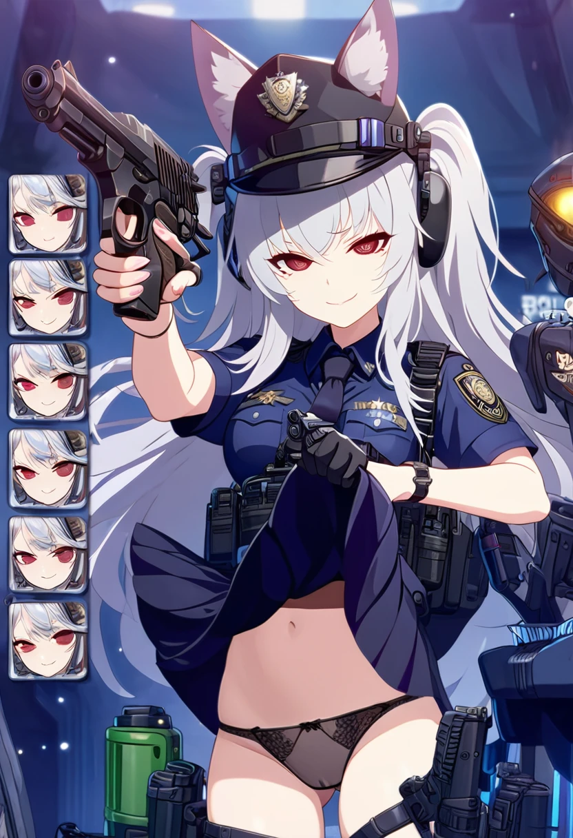 NSFW,1girl,Fox ears,Silver Hair,Red eyes,Slit eyes,Trimmed long hair,high school girl,Police uniform,Police hat,Wicked Smile,Mobile Task Force Equipment,Character portrait,Combat movement,Image illustration,,full Art,Normal breasts,skirt lift,Black see-through panties,Pointing a Gun,Owns a revolver