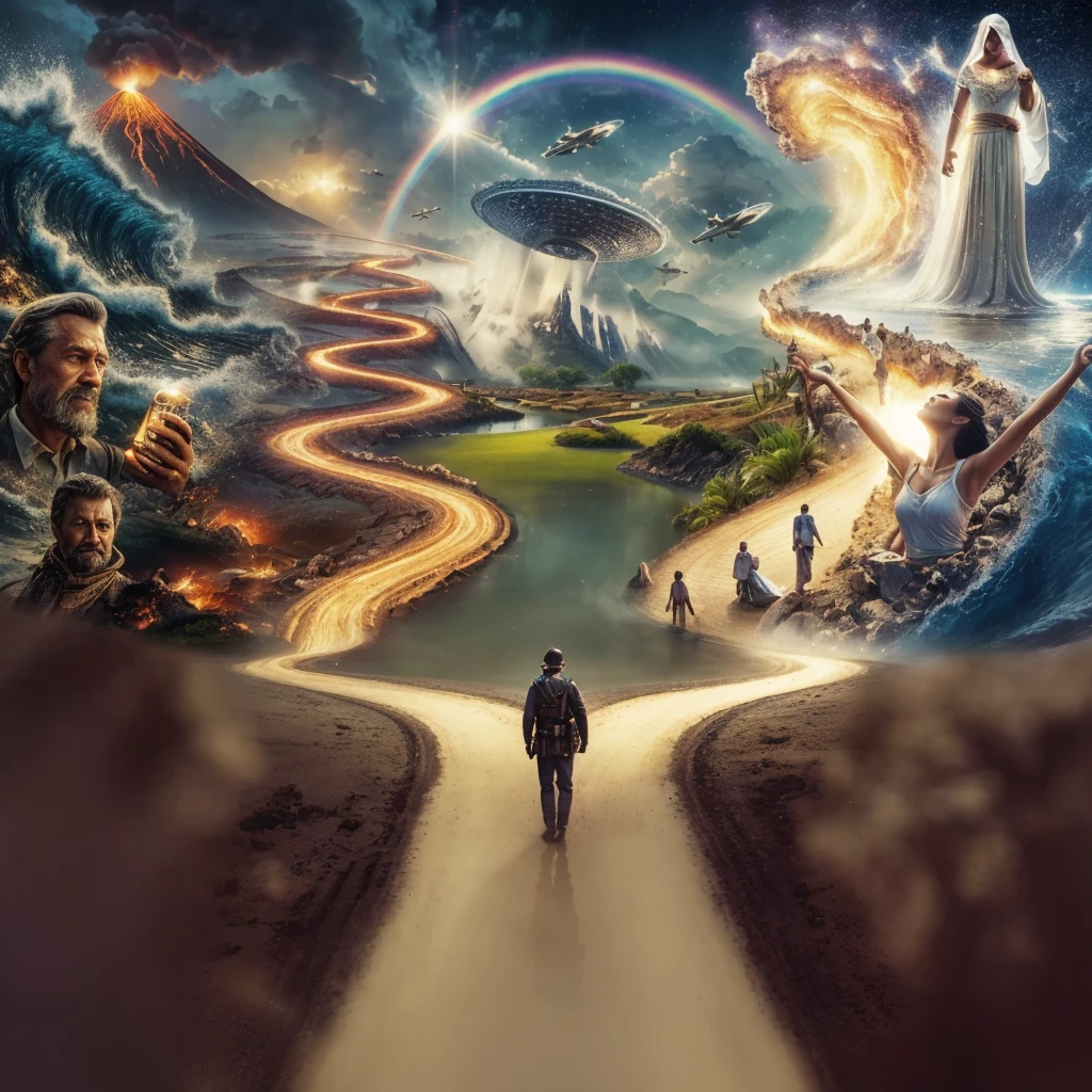 Very real image. There are two paths, one that leads you to destruction where there are volcanoes erupting, earthquakes, tidal waves, poor people. Another path that takes you to spirituality, to happiness, to goodness, to the connection with nature, both paths lead to paradise. Photorealism, full view, very detailed image, very realistic, hyperrealism, Ultra HD, 8k, 5, sharp focus, intricate and mysterious masterpiece. (Long exposure photography Highly detailed close-up portrait art illustration: final quality, medium shot, backlit, rich and striking. Enigmatic and mysterious manipulations (rule of thirds composition), ((detailed environment with strong lines) The best quality, in camera, white light, warm and clean aesthetics, dazzling screen composed of millions of bright ultraviolet rays, HDR.