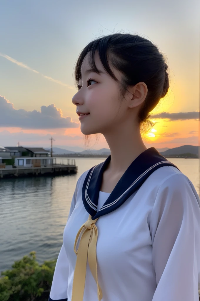 (1 Girl )、(Beautiful Japanese、18years old,round face、Refreshing、clear、seems kind、stylish、Pitiful、cute like an angel、cute、black eyes、,actress,Almond-shaped eyes,Translucent white skin、Beautiful skin,short bob hair), {(Japan human face:1.4)} , (((Beautiful breasts:0.4))),(((soft breasts))),(very cute),(Black hair),(enchanting eyes),(highlight on eyes:1.2)、(8K、Live shooting、highest quality、masterpiece:1.2、optimal lighting)、((masterpiece)),(Photo taken by a professional photographer),(real、photo real:1.4),break,{(cute Japanese high school sailor uniform),((traditional Sailor Suit:1.0))},(cheeks are red:1.3), break, break,Face shot:1.3、 face close-up,Look away,,Little smile,evening、Japanese countryside,evening、sunset、Fishing port:1.3、cumulonimbus,Coastal road,A fresh breeze、Hair swaying in the wind,Sunset,profile,summer,icesream