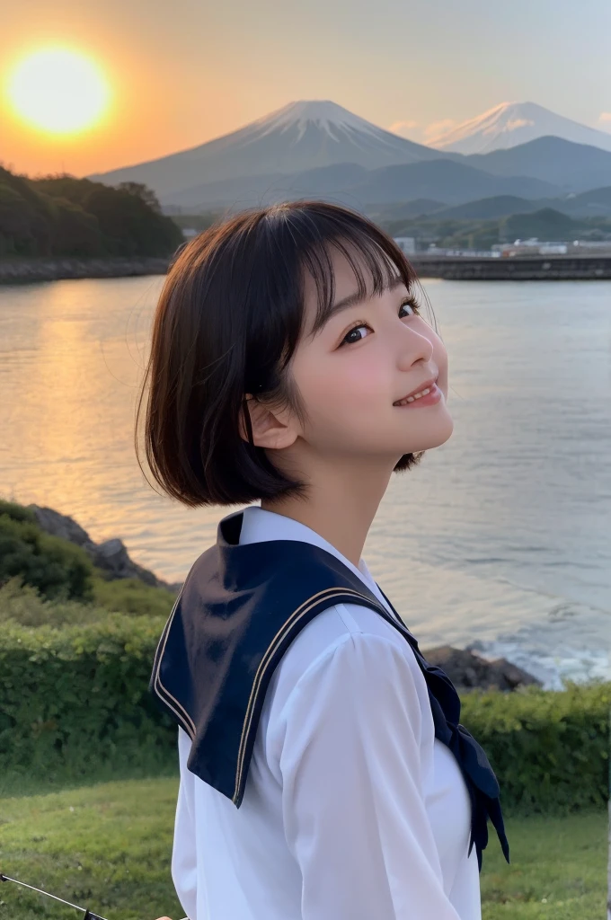 (1 Girl )、(Beautiful Japanese、18years old,round face、Refreshing、clear、seems kind、stylish、Pitiful、cute like an angel、cute、black eyes、,actress,Almond-shaped eyes,Translucent white skin、Beautiful skin), {(Japan human face:1.4)} , (((Beautiful breasts:0.4))),(((soft breasts))),(very cute),(short hair),(enchanting eyes),(highlight on eyes:1.2)、(8K、Live shooting、highest quality、masterpiece:1.2、optimal lighting)、((masterpiece)),(Photo taken by a professional photographer),(real、photo real:1.4),BREAK,{(cute Japanese high school sailor uniform),((traditional Sailor Suit:1.0))},(cheeks are red:1.3), BREAK, BREAK,Face shot:1.3、 face close-up,Looking at viewer,Lonely face,evening、Japan,evening、sunset、、cumulonimbus,A fresh breeze、Hair swaying in the wind:1.4,Beautiful Sunset,profile,Green rice fields, country roads and mountains in the distance