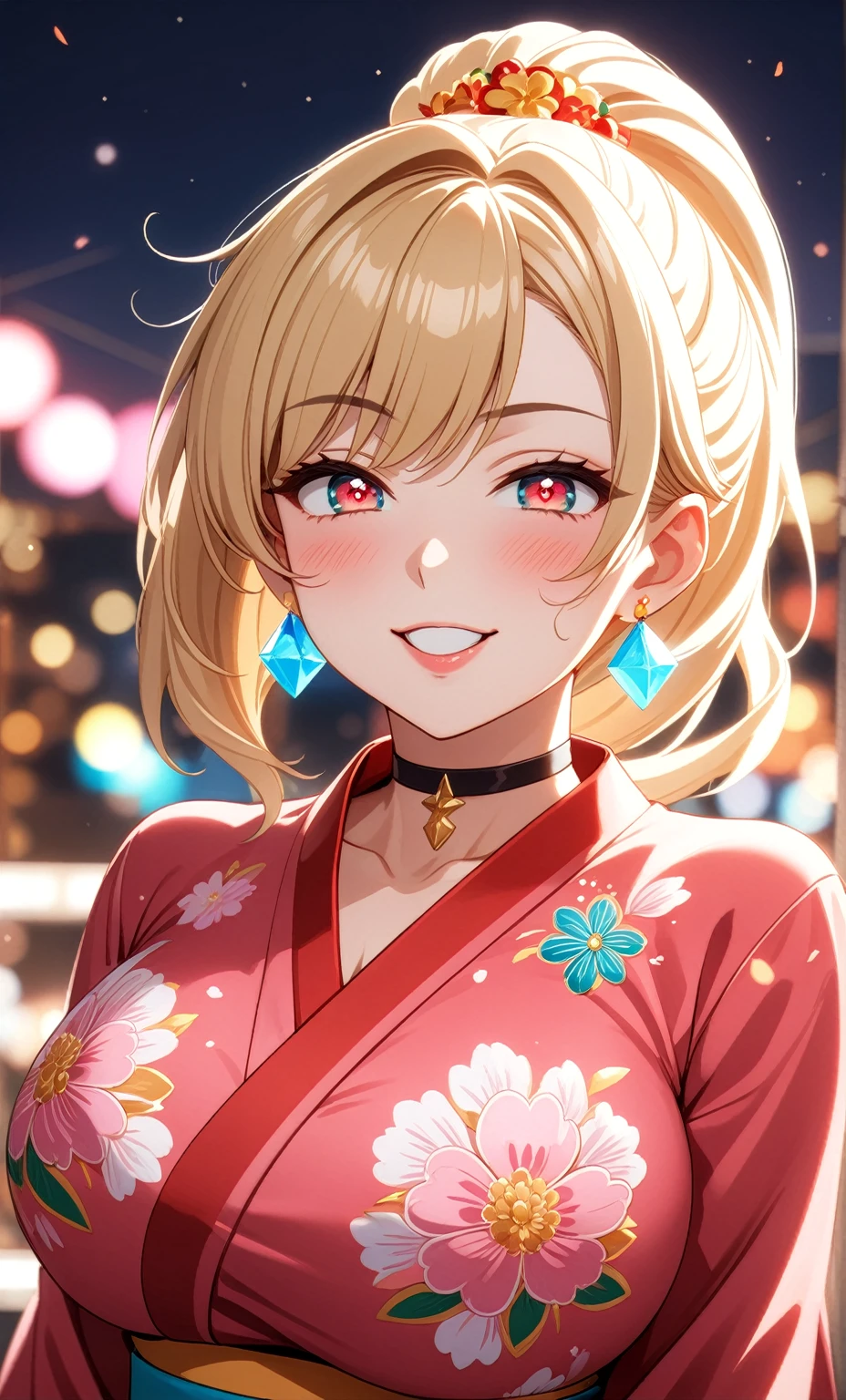 ((one personの女性)), Beautiful Face,Laughing embarrassedly,((wink:1.5)),Laugh with your mouth wide open((Bright red cheeks:1.4)),Glossy pink lips,night,rooftop,Festive decorations,You can see the ocean, firework,Laughing with your mouth open,Glossy pink lips,Lighting on the face,((Anime style background)),masterpiece, Highest quality, so beautiful,Latest, complex details, (Pink long nails),(ring),(bracelet),(choker),AI-generated, complex,High resolution, Highest quality, super high quality,3D Images、View your viewers、3D Images,one person,Long blonde hair,High Ponytail,(Turquoise Eyes),Anime woman posing for a photo, ((Fine grain、Colorful Eyes、Shining Eyes:1.4)),(Squint your eyes:1.1),a hyperRealistic , hyperRealistic , Realistic,Anime woman with long and white hair, Smooth anime CG art, A woman in a colorful kimono with gold embroidery, (Pink long sleeve kimono),Red floral pattern,Long flower hair ornament,big floral earrings,Mature Body,(Big Breasts:1.1),Tall,Abdominal muscles,Narrow waist,(Zoom in on face:1.7),Shooting from below at an angle