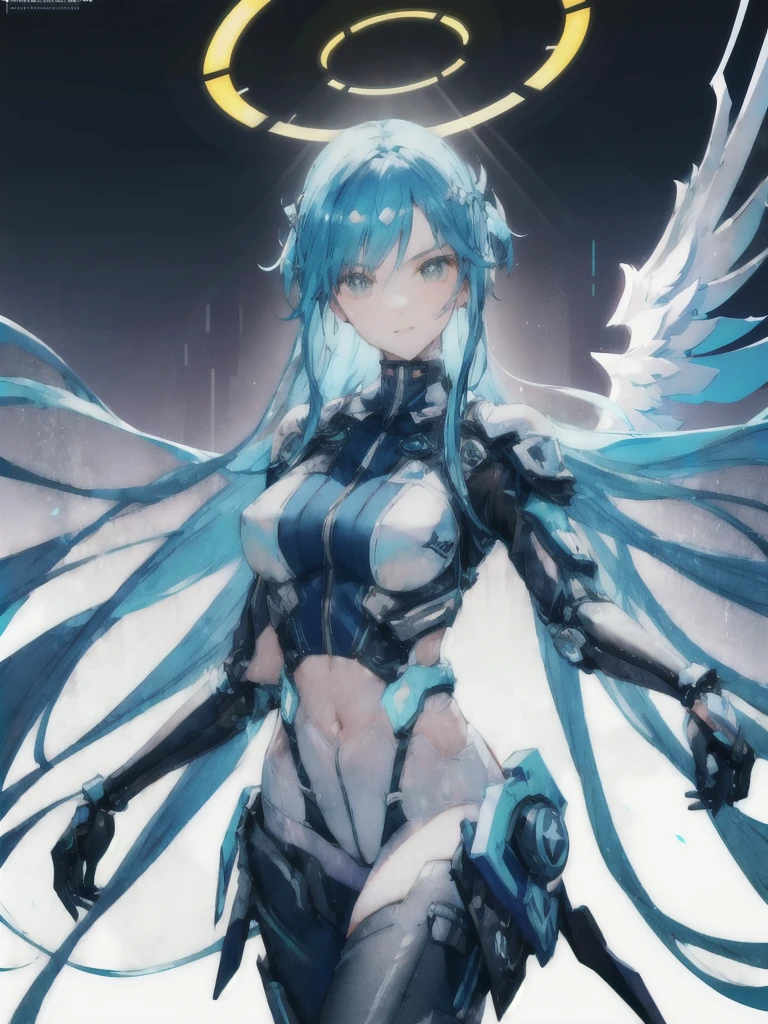 A beautiful detailed angel girl with long flowing blue hair and large blue eyes, sexy, seductive, wearing futuristic crop top body armor, mechanical wings, a black trimmed exoskeleton, wearing a futuristic clear blue visor covering the eyes, intricate details, perfect anatomy, shadows, depth of field, volumetric light, luminescent mechanical halo, futuristic city, body facing viewer, spreading position, legs apart, open arms,(best quality,4k,8k,highres,masterpiece:1.2),ultra-detailed,(realistic,photorealistic,photo-realistic:1.37),detailed eyes,detailed lips,extremely detailed eyes and face,long eyelashes,cinematic lighting,dramatic lighting,vibrant colors,hyper detailed,sharp focus,intricate details,volumetric lighting,glowing mechanical halo,intricate mechanical exoskeleton,futuristic technology,cyberpunk,digital art,concept art