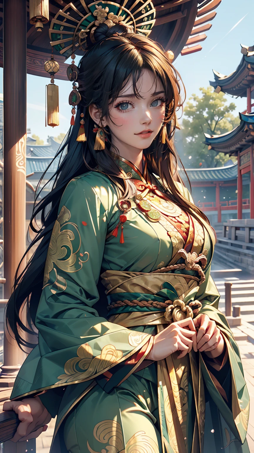 ((whole body)), samdoesarts style award winning whole body portrait of a beautiful woman, ((Perfect feminine face)),((Ancient Chinese Green Clothing)), ((Green Peking Opera Costume)), (Long sleeve) Gazebo, Complex, (Beautiful details in the eyes, Long eyebrows),((hairpin, Twisted Hair)),(sorrow), ((tears)), (sunlight), Shaded flat illustration, Digital Art, Trending on Art Station, Very detailed, The finer details, Complex, ArtJam、Rutkovsky、Art by Alphonse Mucha, 24-year-old female、Sexy proportions、Sexy breasts、Narrow waist、Long eyelashes、Cleavage Emphasis