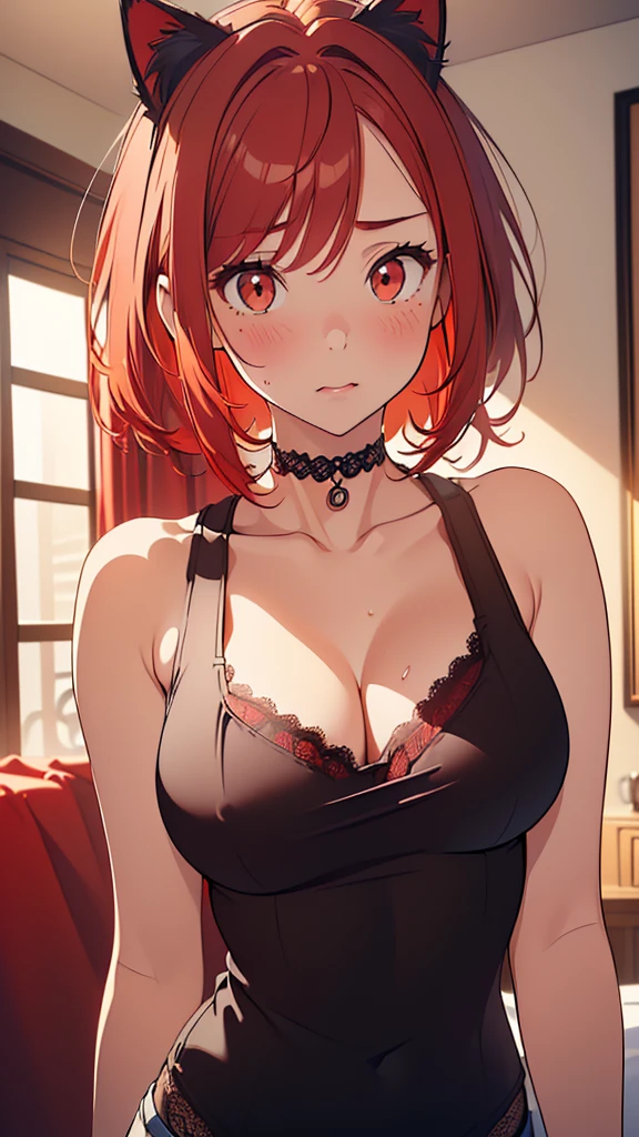 (absurdres:1.2),(masterpiece:1.6),(ultra-detailed:1.4),(High quality:1.4),(best quality:1.4),(beautiful busty breasts:1.3),(beautiful face:1.3),(beautiful woman:1.3),(wariza:1.2),(bright red hair:1.4),medium hair,a mole around the mouth, (sweat:1.1),(aroused:1.2),(embarrassed:1.2),(blush:1)(black tank top:1.3),(close-up:1.2),(lace choker:1.1),(cat ear bandage:1.2),on bed