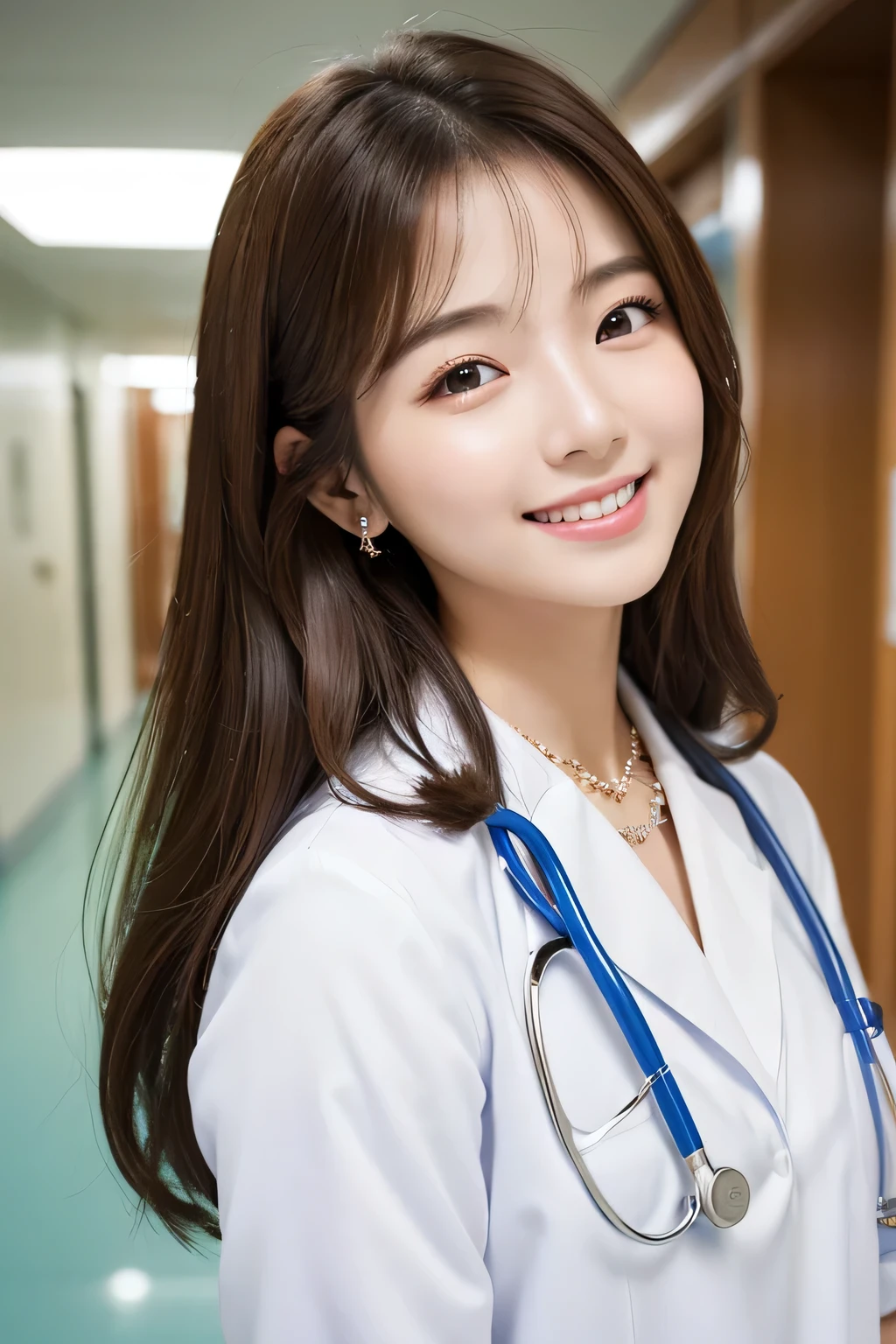 Beautiful young woman、 Korean women、Brown Hair、Necklace around the neck、White、Stethoscope、hairstyle semi long、smile、Open your mouth a little、Intricate details, Very detailed:1.2), 、 Looking into the camera,The background is the corridor of the hospital.、ear piercing
