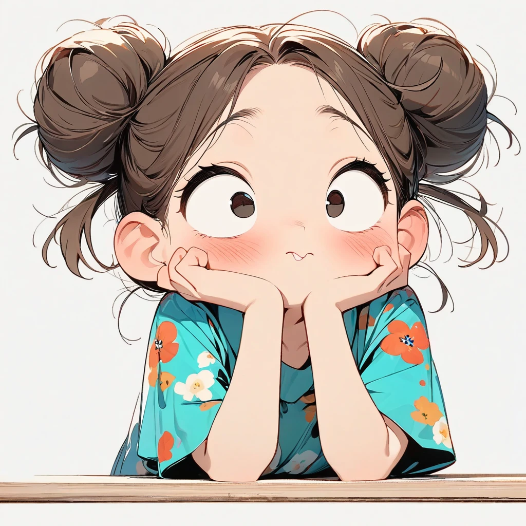 (masterpiece, highest quality:1.2), Cartoon style character design。Pure white background,1 girl, alone,Big eyes,Cute expression,Two buns hair,Floral Shirt,Work clothes,White sneakers,stand,interesting,interesting,Clean Lines,Solid color background,Vibrant colors ,exceptionally high detail