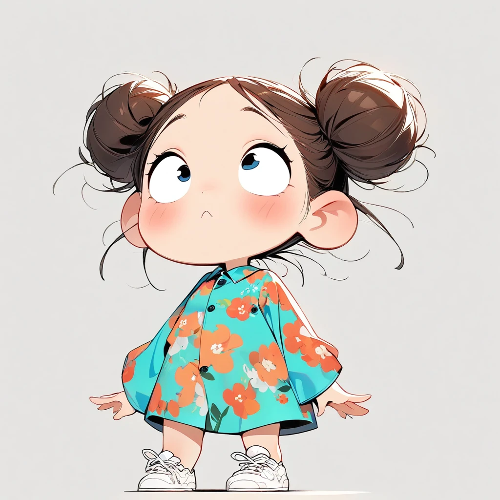 (masterpiece, highest quality:1.2), Cartoon style character design。Pure white background，1 girl, alone，Big eyes，Cute expression，Two buns hair，Floral Shirt，Work clothes，White sneakers，stand，interesting，interesting，Clean Lines，Solid color background，Vibrant colors ，exceptionally high detail