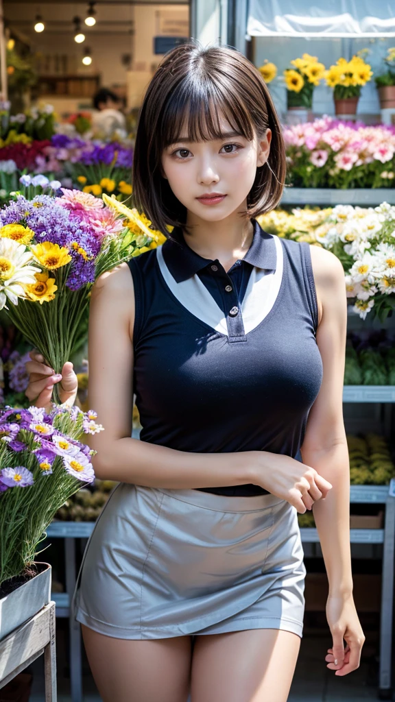 (masterpiece:1.3, top-quality, ultra high res, ultra detailed), (realistic, photorealistic:1.2), beautiful illustration, perfect lighting, natural lighting, colorful, depth of fields, ,
beautiful detailed hair, beautiful detailed face, beautiful detailed eyes, beautiful clavicle, beautiful body, beautiful chest, heavy chest, beautiful thigh, beautiful legs, beautiful fingers, shiny skin,
looking at viewer, 1 girl, japanese, 22 years old, (perfect anatomy, anatomically correct, super detailed skin), cute and symmetrical face, babyface, perfect face, perfect eyes, perfect fingers,
(short bob hair, straight hair, hair slicked back:1.6, blue hair), parted bangs, dark purple eyes, big eyes, drooping eyes, long eyelashes, faint lips, ((saggy breasts), Don't expose it, seductive thighs), outstanding style,
(detailed cloth texture, break, sleeveless collared polo shirt, tight skirt, black apron), break,
(beautiful scenery), ((behind flower shop:1.5)), standing, ((hold a big bouquet:1.2)), (parted lips),