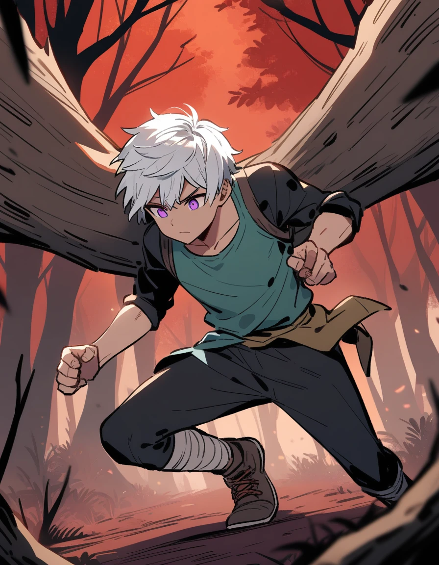 Greek boy with white hair, violet eyes, training exhaustively pushing a large stone in a red forest and dead trees