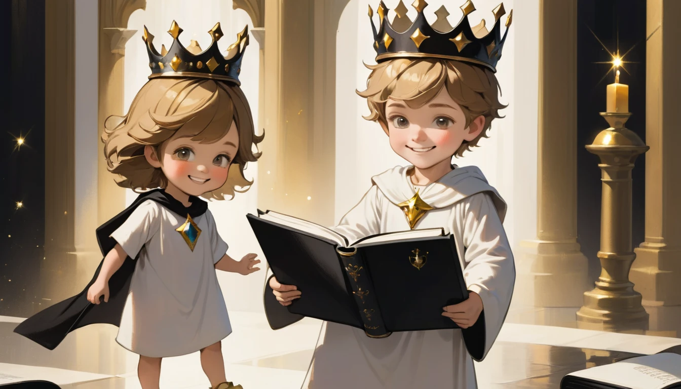 4 year old Caucasian boy, dark blonde hair, dressed in a white tunic, carrying a black-covered book in his hand, a crown on her head, the boy is smiling and shining