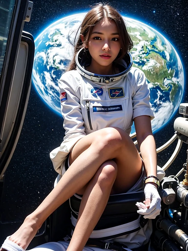 smile、(((Staring at the audience)))、Spaceman in space suit sitting in spaceship cockpit,wear spacesuits, Dressed in an astronaut costume, Cute girl in a tank top, girl in space, In space, (((Dressed in an astronaut costume))), woman astronaut, ((Sitting on a chair with legs spread))、