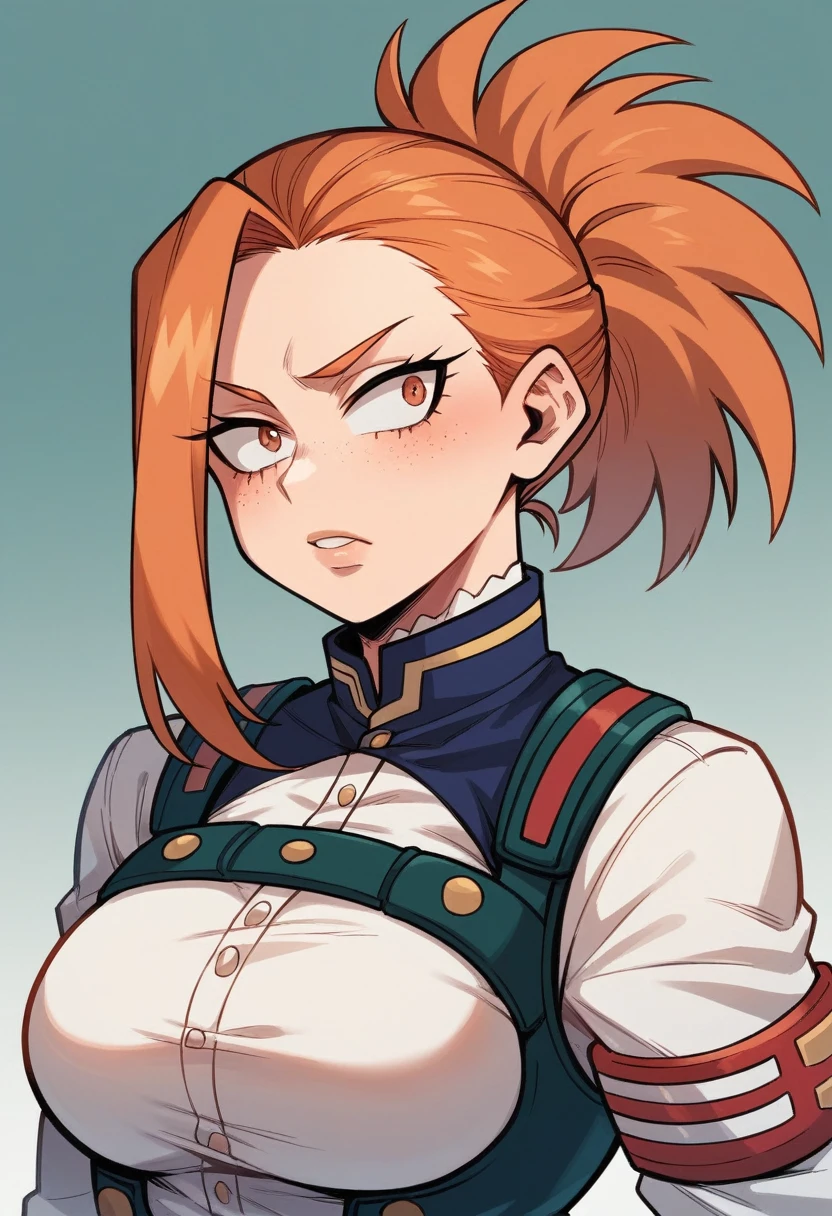 a girl with orange hair and her left EYE is blue and her right EYE is green with freckles all over her body and a scar on her lips and the girl is created with the drawing style of the anime boku no hero and the uniform of UA academia from the anime my hero academia