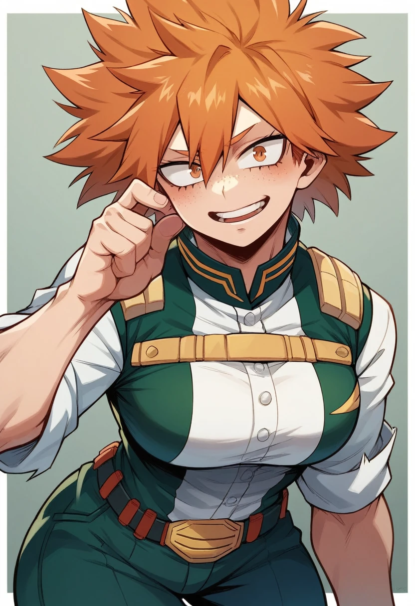a girl with orange hair and her left EYE is blue and her right EYE is green with freckles all over her body and a scar on her lips and the girl is created with the drawing style of the anime boku no hero and the uniform of UA academia from the anime my hero academia