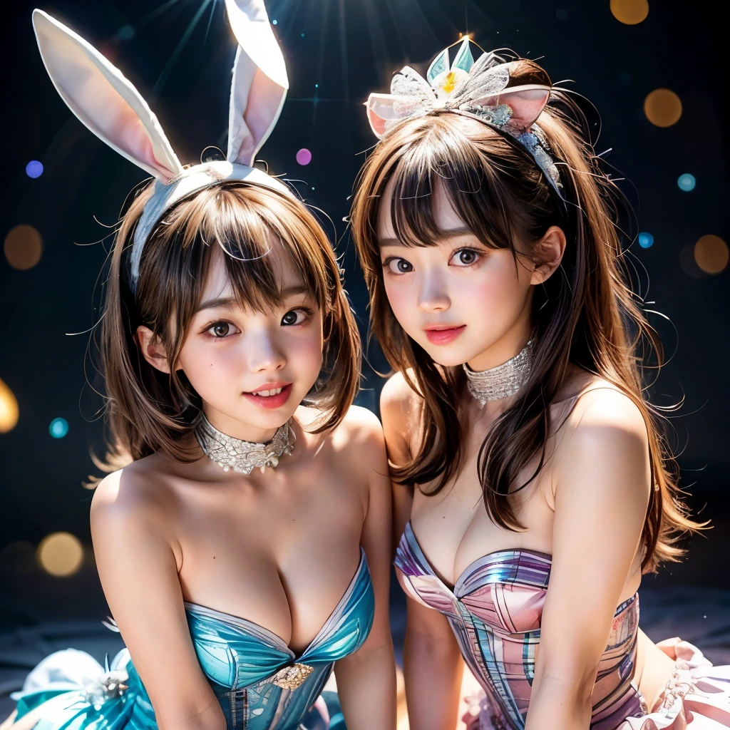 NSFW, 8k, High-level, absurd, masterpiece, best quality, primitive, very detailed CG, very detailed wallpaper, perfect lighting, Extremely detailed (((The personifying " bugs bunny " as a Little Girl))), MysticSight, Tyndall effect, Tyndall scattering, Studio gray background with (many Dazzling RainbowColor particles BokeH:1.28), (RoundlyButts, ThighGap), (Exposed:0.4), (Assfocus with looking ahead), BREAK (NOGIZAKA face variations) Extremely Detailed very KAWAII face variations, perfect anatomy, Childish, captivating gaze, elaborate detailed Eyes with (sparkling highlights:1.28), long eyelashes、Glossy RED Lips with beautiful details, Coquettish tongue, Rosy cheeks, Radiant PearlSkin with clear transparency . { (Dynamic LifeLike expressions:1.4) | :d) }, (large eyes:-1) .