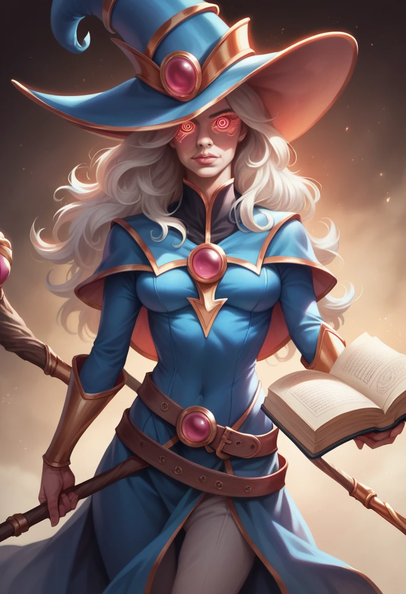 a female elderly adventurous magician, detailed face, detailed eyes, detailed lips, long hair, large hat, magic staff, book at belt, intricate costume details, cinematic lighting, dramatic fantasy scene, vibrant colors, cinematic composition, photorealistic, 8k, high quality