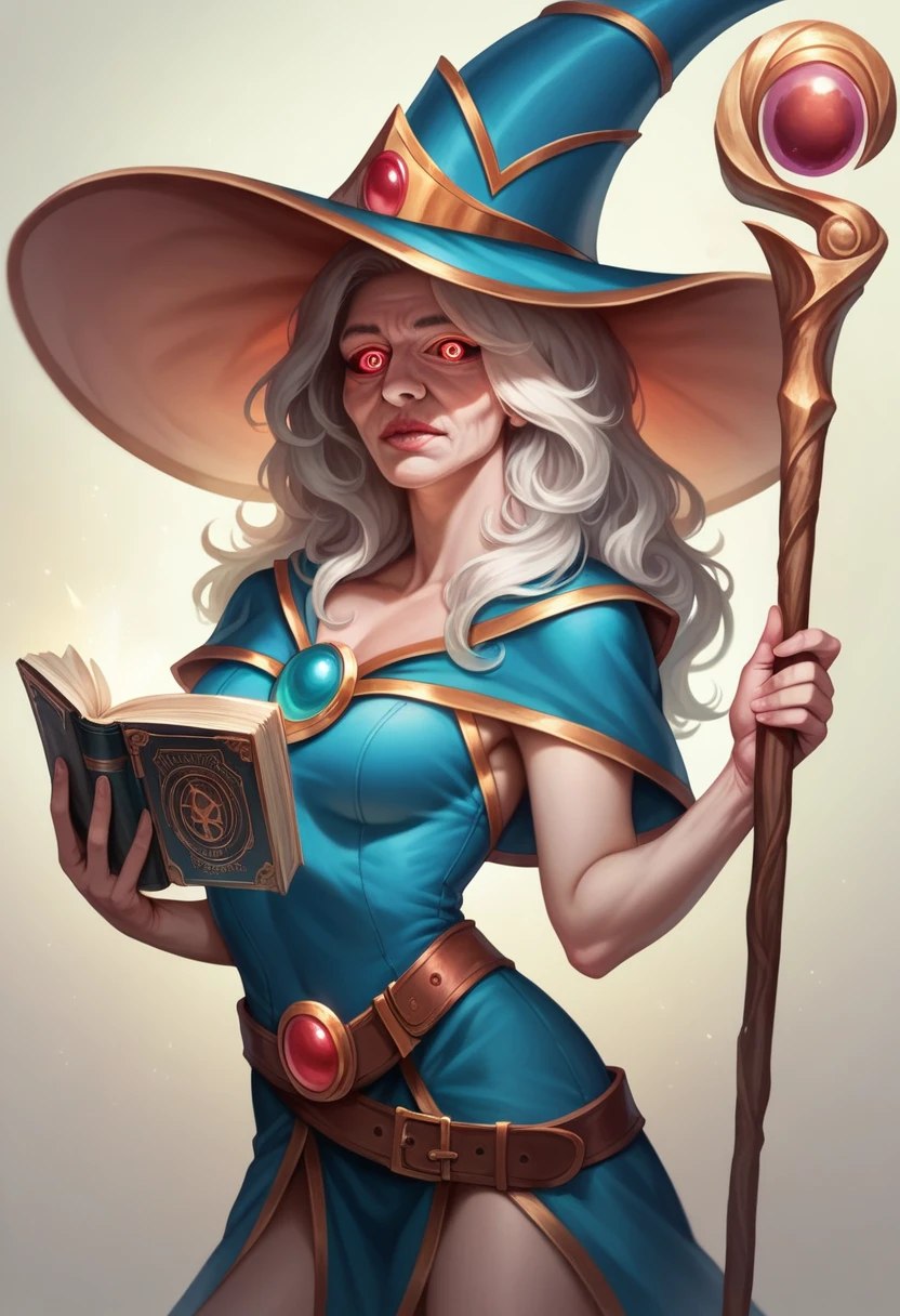 a female elderly adventurous magician, detailed face, detailed eyes, detailed lips, long hair, large hat, magic staff, book at belt, intricate costume details, cinematic lighting, dramatic fantasy scene, vibrant colors, cinematic composition, photorealistic, 8k, high quality