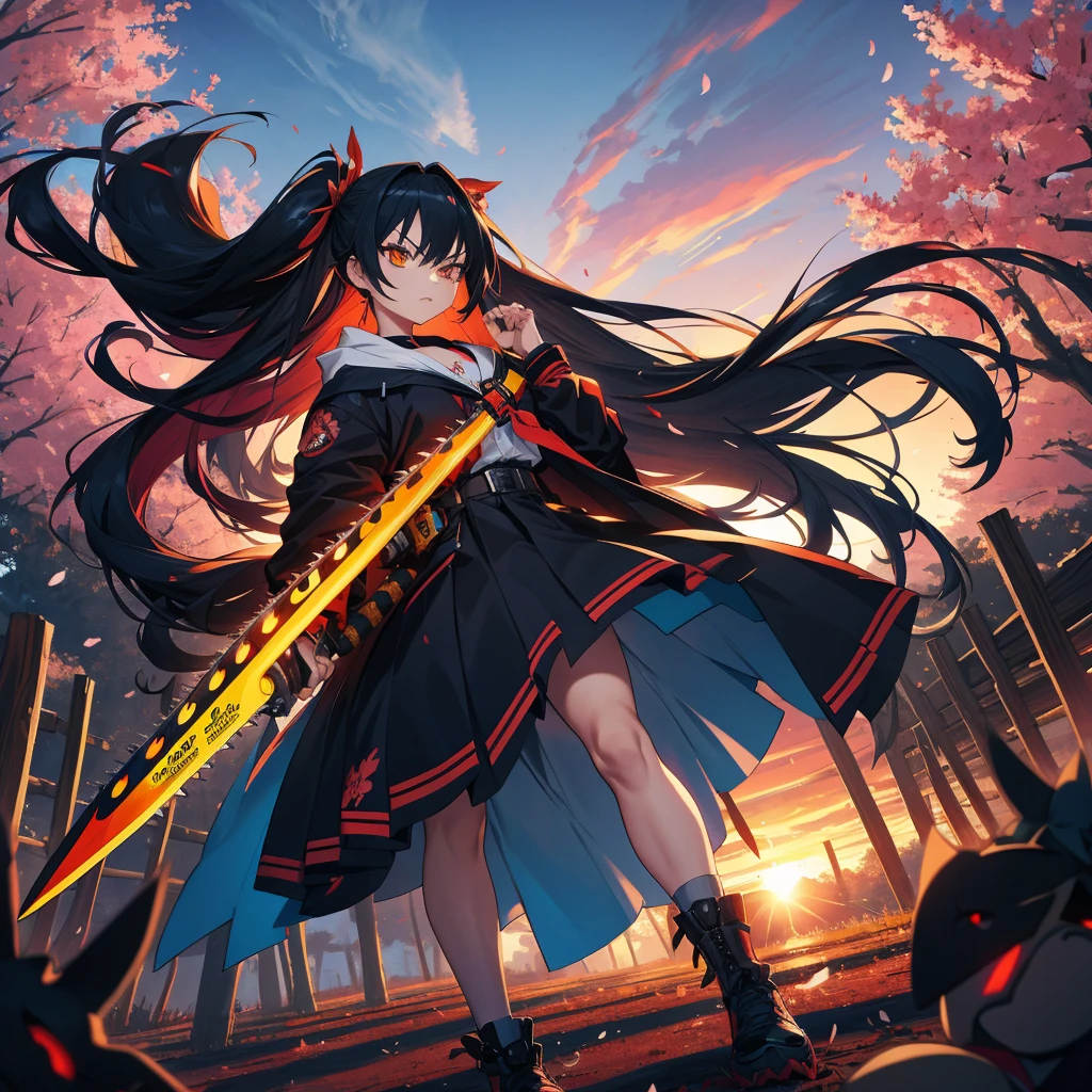 One girl,Chainsaw Sunrise Stance, (Have a weapon:1.3),whole body,Long black hair,,cherry blossoms, Zoom out,Wide Shot, (masterpiece, Highest quality),Dynamic composition、[17277fbe68],((Perspective Lens, Woman with long hair, Dynamic poses with serious and mean expressions, Hold a big, long chainsaw with both hands )) ((Pure azure color background:1.2)),Anime Style、detailedな目、Looks like she&#39;s in her early 20s,Shooting in mid-motion,With her long braided hair fluttering. Her outfit is reminiscent of a butterfly,Black and yellow color palette,Be playful.,Great impact、Super huge weapon、detailed、