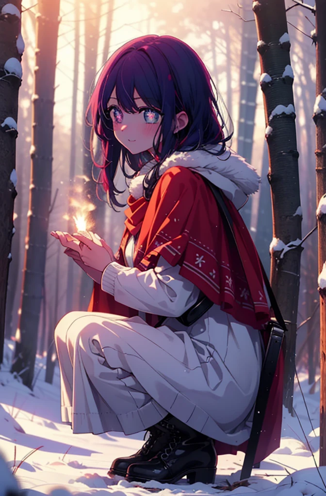 aihoshino, Ai Hoshino, Long Hair, bangs, (Purple eyes:1.1), Purple Hair, (Symbol-shaped pupil:1.5), smile,,smile,blush,White Breath,
Open your mouth,snow,Ground bonfire, Outdoor, boots, snowing, From the side, wood, suitcase, Cape, Blurred, , forest, White handbag, nature, Squat, Mouth closed, Cape, winter, Written boundary depth, Black shoes, red Cape break looking at viewer, Upper Body, whole body, break Outdoor, forest, nature, break (masterpiece:1.2), Highest quality, High resolution, unity 8k wallpaper, (shape:0.8), (Beautiful and beautiful eyes:1.6), Highly detailed face, Perfect lighting, Highly detailed CG, (Perfect hands, Perfect Anatomy),