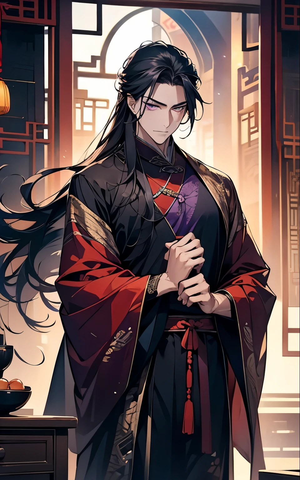 1 middle-aged man, (45 years old), long black hair, violet eyes, chinese clothes, purple clothes, available at purple chinese room