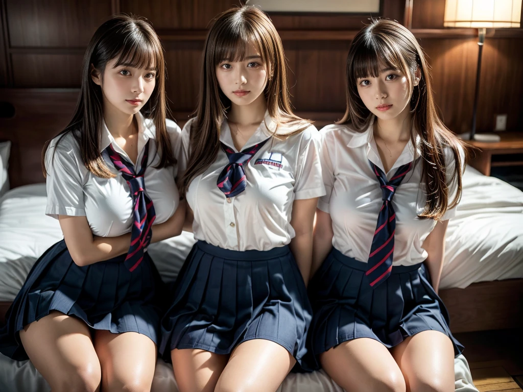 (RAW photo, 4k, masterpiece, high resolution, extremely complex) (realistic: 1.4), cinematic lighting
 ((2 girls, 2 schoolgirls)),Slam Dunk's,blushing,((innocent)),bright eyes,round eyes,blunt bangs,(straight hair:1.3),black hair,large breasts,wide hips,Summer Noon, ,Hot, (Best Quality), (Highres), (an Extremely Delicate and Beautiful),(Beautiful 8k face),(Brown eyes),short bob hair,( spectators),(gigantic breasts),(Play with each other,Touching each other's bodies,Touching the body),(Japanese high school uniform:1.3),blue skirt,(reality),bright lighting,(The background is a luxury hotel room)