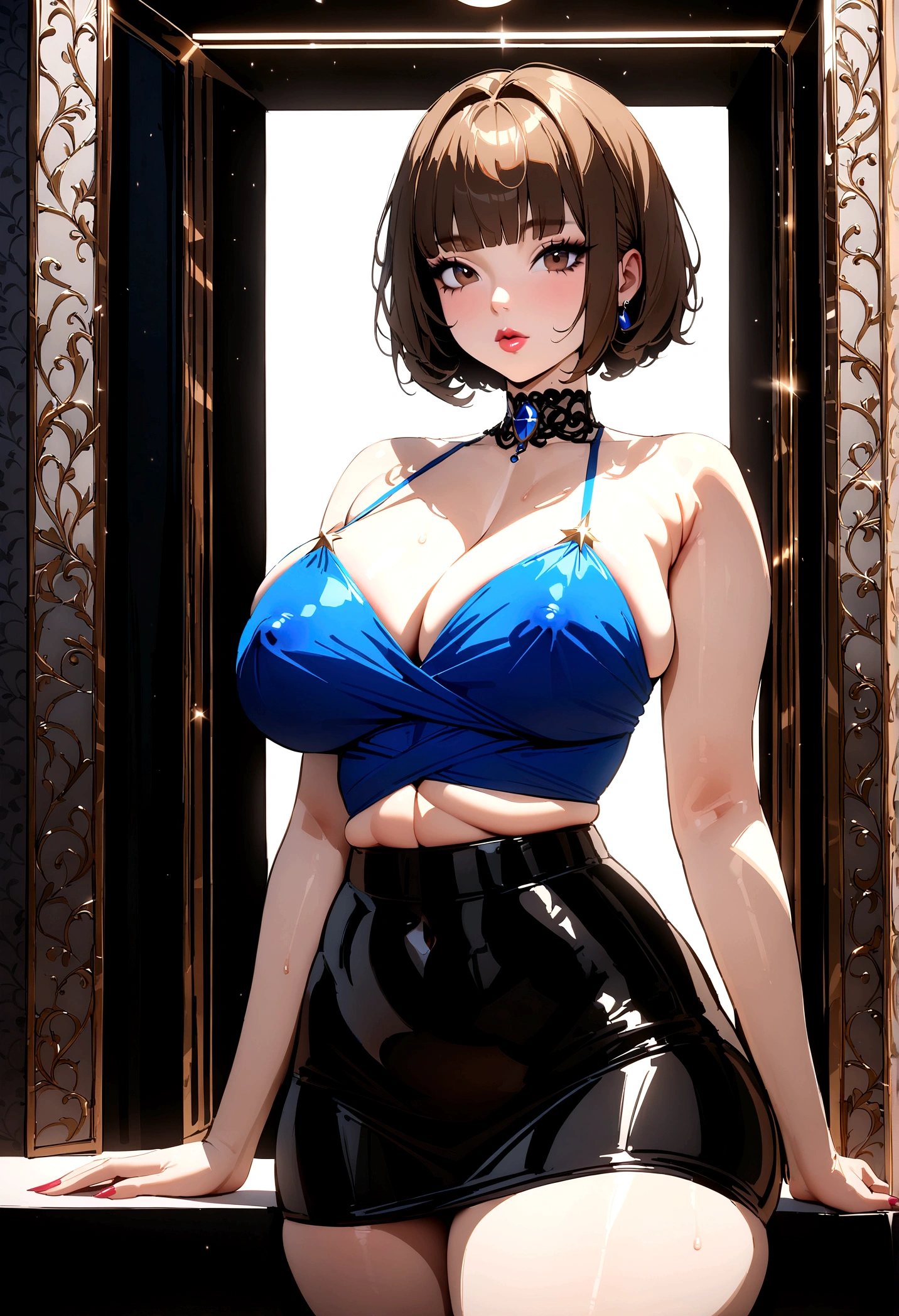 NSFW,best quality, female, herf up brown bob cut short hair, blue tube top,black mini skirt,glamorous, voluptuous, curvy,