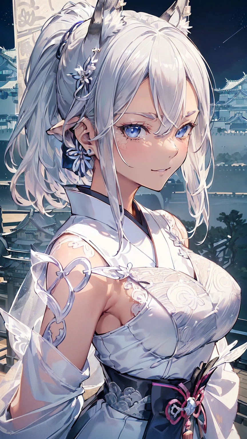 (((Masterpiece))), (((Highest quality))), ((Ultra-detailed)), ((Super fine illustration)), ((Ultra-fine painting)), (16K highest quality wallpaper:1.4), HDR, (Highly detailed and delicate illustration style:1.8), Detailed skin texture, Detailed cloth texture, (Highly detailed face:1.4), (Highly detailed beautiful silver fox ears:1.4), (Highly detailed beautiful silver hair:1.2), (Highly detailed beautiful blue eyes:1.2), Extreme detailed description, Intricate details, Super details, (Perfect anatomy:1.4), (Highly detailed hands:1.2), (Highly detailed fingers:1.2), (Highly detailed fingertips:1.2), (27-years-old), (Solo:1.8), ((A very beautiful and attractive silver (fox:1.4) female fashion model:1.4))
BRAKE
((Beautiful and adorable silver fox ears:1.6)), (Highly detailed and delicate silver fox ears:1.4), (Beautiful and well-shaped big breasts:1.2), (Beautiful and well-shaped buttocks), (Beautiful and shiny silver ponytail:1.4), (Highly detailed and delicate silver ponytail:1.2), (Beautiful and clear blue eyes:1.6), (Highly detailed and delicate blue eyes:1.4), (Highly detailed face:1.4), (Smile:1.5), (Blush:1.2), (Looking at viewer:1.4)
BRAKE
(Dark colored highly detailed kimono armor:1.4), (Dark colored highly detailed long hakama armor:1.4), (Japanese traditional costume:1.2)
BRAKE
(Concept art:1.2), (Detailed Japanese fantasy art:1.2)
BRAKE
((Highly detailed and delicate Japanese castle background:1.6), Japanese style castle:1.4, Highly detailed and beautiful moon and starry sky background:1.4) BRAKE
(Upper body:1.4)
BRAKE