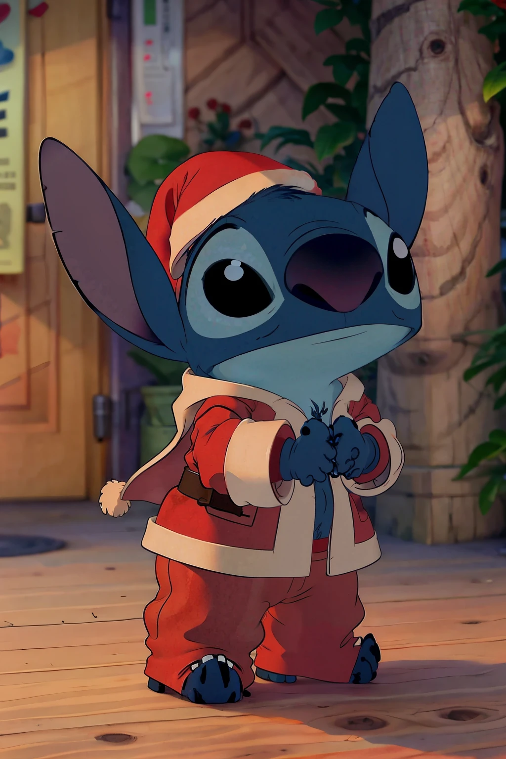st1tch wearing a santa clouse outfit, winter