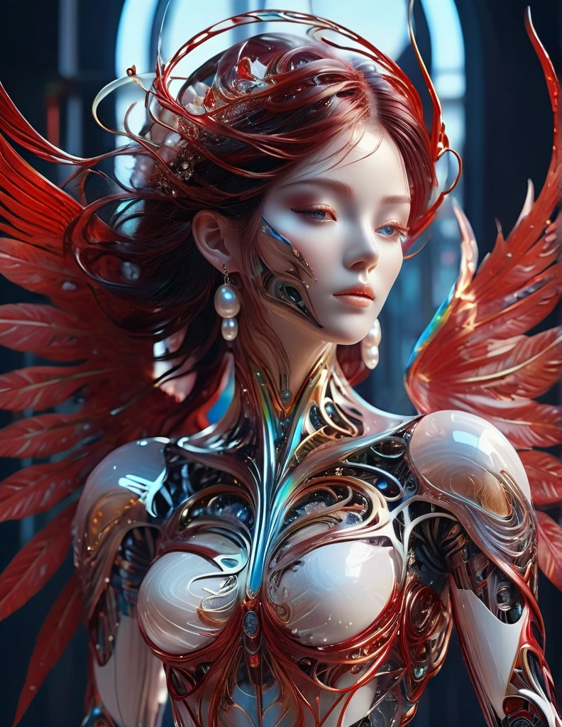 Complex 3d rendering ultra-detailed beautiful angel of death, biomechanical robot, simulated 150mm shot, beautiful natural soft edge light, crystal , roots, delicate leaf lace, colorful details, pearl earrings, piercings, intricate details, mesh threads, mandelbro fractals, facial muscles, cable wires, microchips, badasses, surreal, ultra-detailed, octane rendering, volumetric lighting, 8k post-production, Red and white with a touch of black, metallic skeleton details, half-human, rainbow colors, futuristic room, power of God, complex body poses