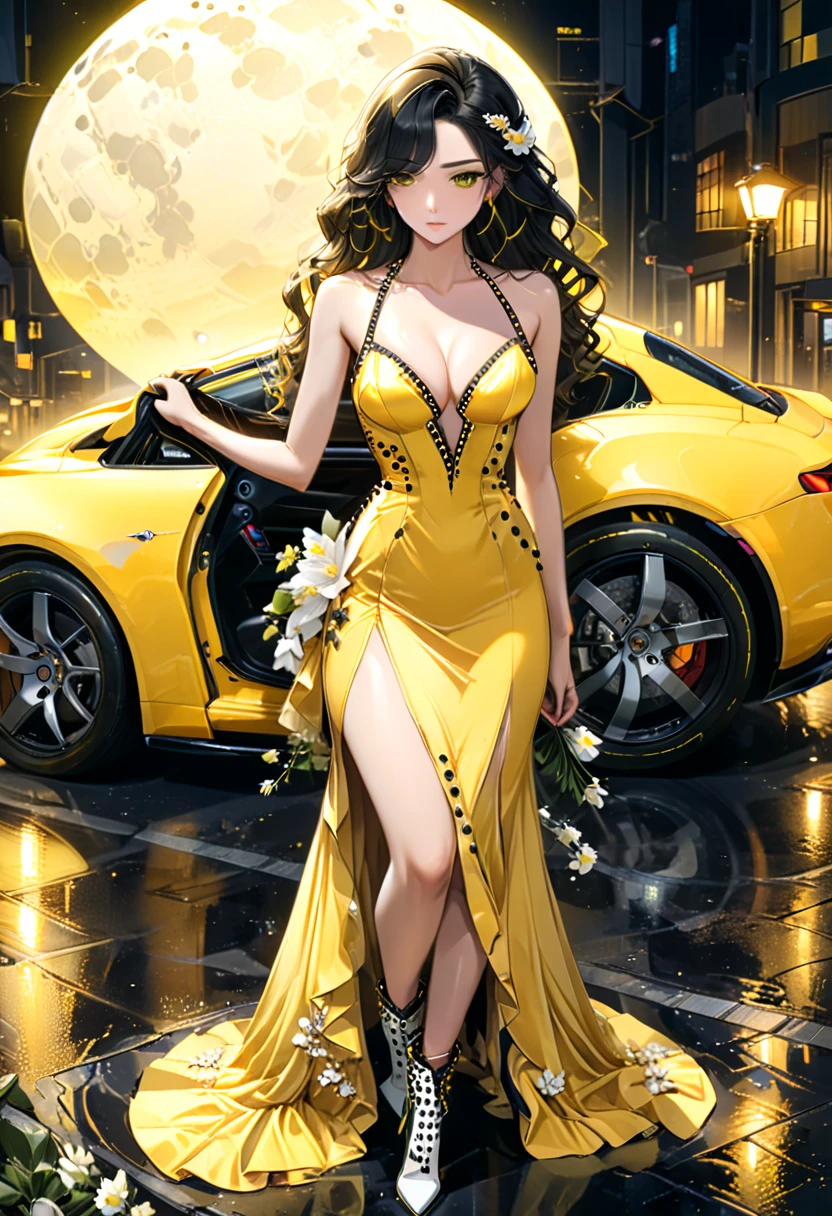 a picture of a female model wearing an evening dress ((lifting a car: 1.5)), glamorous model woman, black hair, long hair, wavy hair, beautiful green eyes, she wears a ((yellow evening dress: 1.5)), elegant, intricate detailed dress, silk dress, small cleavage, ((dress is studded with white flowers: 1.4)), she wears elegant knee high heeled boots, exquisite knee high heeled boots, lifting a (sports car: 1.4), in a cyberpunk street an night background, moon, stars, lamp light, (Masterpiece: 1.5), 16k, highres, best quality, high details, ultra detailed, masterpiece, best quality, (extremely detailed),