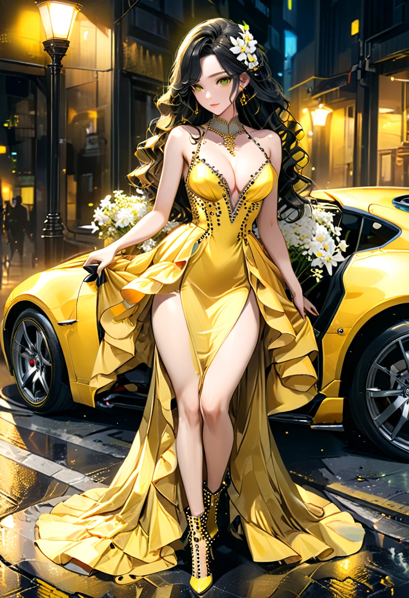 a picture of a female model wearing an evening dress ((lifting a car: 1.5)), glamorous model woman, black hair, long hair, wavy hair, beautiful green eyes, she wears a ((yellow evening dress: 1.5)), elegant, intricate detailed dress, silk dress, small cleavage, ((dress is studded with white flowers: 1.4)), she wears elegant knee high heeled boots, exquisite knee high heeled boots, lifting a (sports car: 1.4), in a cyberpunk street an night background, moon, stars, lamp light, (Masterpiece: 1.5), 16k, highres, best quality, high details, ultra detailed, masterpiece, best quality, (extremely detailed),