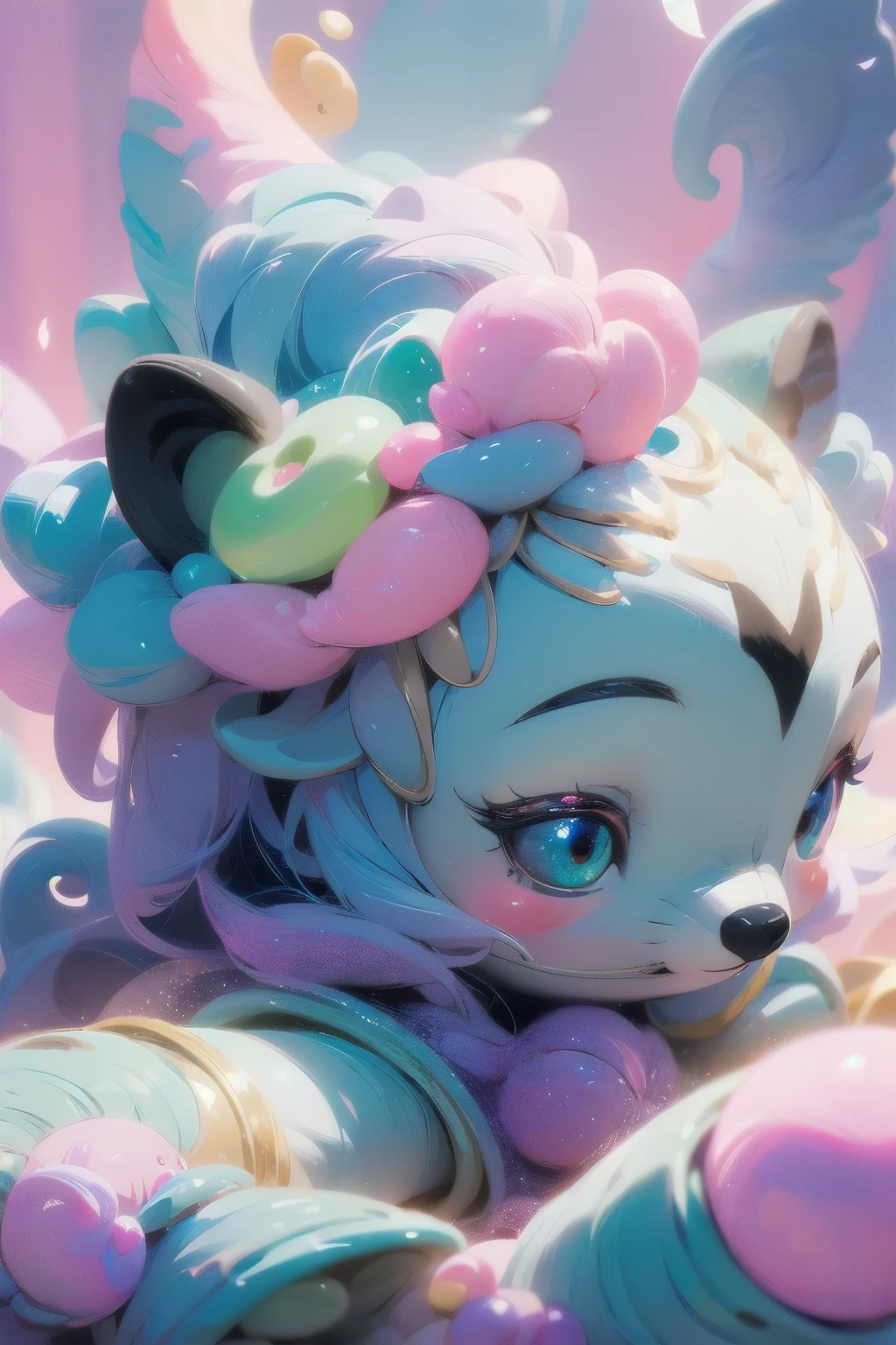 Cute raccoon in a surreal, dreamy fantasy scene、Detailed digital illustration、8K、Very detailed、Very realistic、Photorealistic、Bright colors、Dramatic lighting、Intricate details、Whimsical、magical realism、Soft pastel tones、Shine、Ethereal、Mysterious、Mysterious、Imaginative、Conceptual