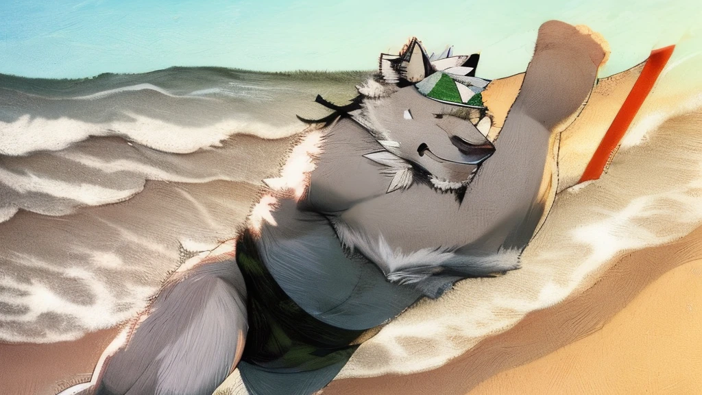 On the beach，A gray-haired wolf-orc wearing swimming trunks and holding a swimming ring greets you happily.