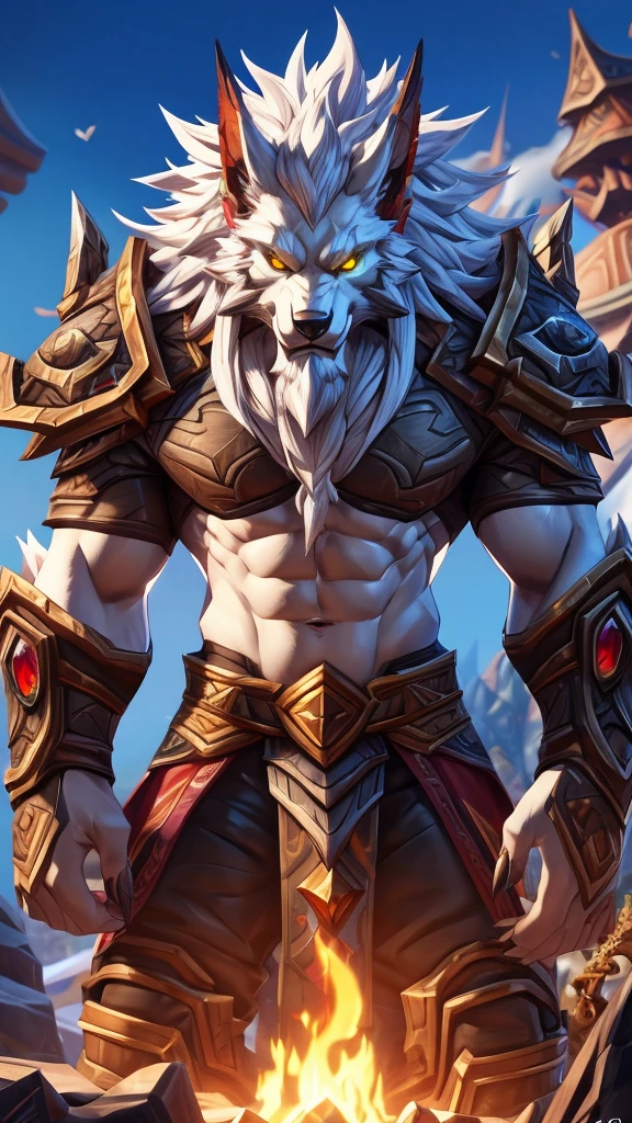 4K, high resolution, Posted on e621 (patto art style),Official Fanart, World of Warcraft同人画, Furry Art, high resolution佣金, World of Warcraft风格, Detailed key animation art, Strong, Full body portrait, （Realistic eye details: 1:2), High Detail, high quality, (best quality,4K,high resolution,masterpiece:1.2),Reference Blizzard Games《World of Warcraft》Genn Greymane，Werewolf，Absolutely pure white hair，White body，White limbs，Golden eyes