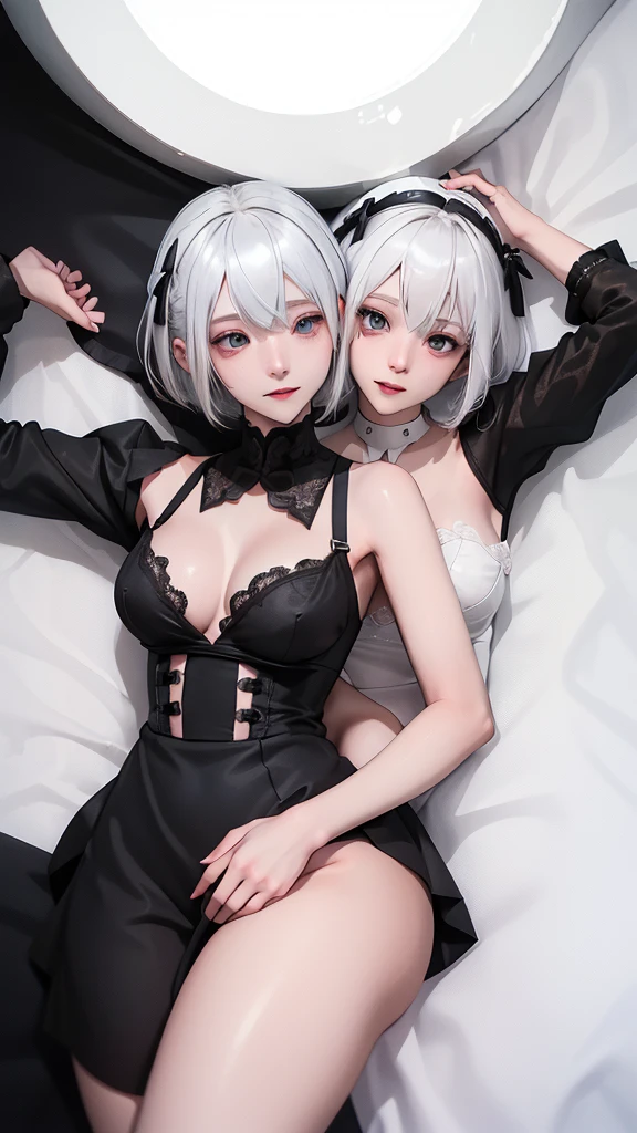 ((High quality)),masutepiece,(Detailed depiction of local details:1.2),1girl in,blue eyes,Plump breasts,Enchanted Valley,Closed mouth,Eyelashes,Portrait,solo,White hair,black theme,Short hair,Silver hair,yorha no. 2 Type B,(((White hair and black hair)))、Full body view、((Two girls dressed similarly))((Woman in white underwear、Woman in black underwear))((Two people smiling))((Light skin and dark skin))(((Black Hair、Dark Skin、Woman in Black Dress)))((white thong))((black thong))Stick your butt out ((Two people who kiss with their tongues)) ((Two people intertwined in a double bed))