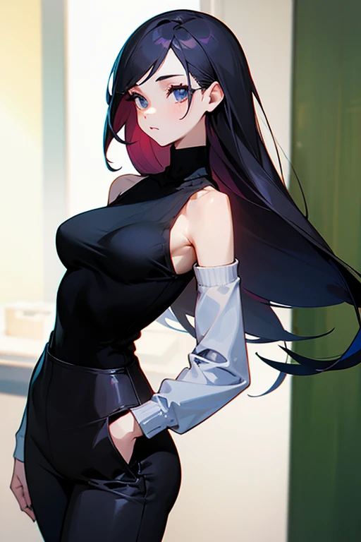 beautiful girl、Office Casual Fashion、black Sleeveless high neck knit、Stall、Tight pants style、slender、Model Body Type、Ideal Style、 women、Slim and cute、off shoulder foodie、casual、
