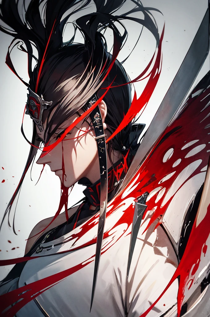 Close-up of a bloody knife and wood, (Just a Sword) Concept art inspired by Kano Hogai, Pixiv, creation, beautiful sword, warrior vinyl wrap, warrior, knifeのデザイン, knife, mobile wallpaper, No girls , Japanese art style, black and red fantasy sword, Traditional Japanese concept art, chainsaw sword knife